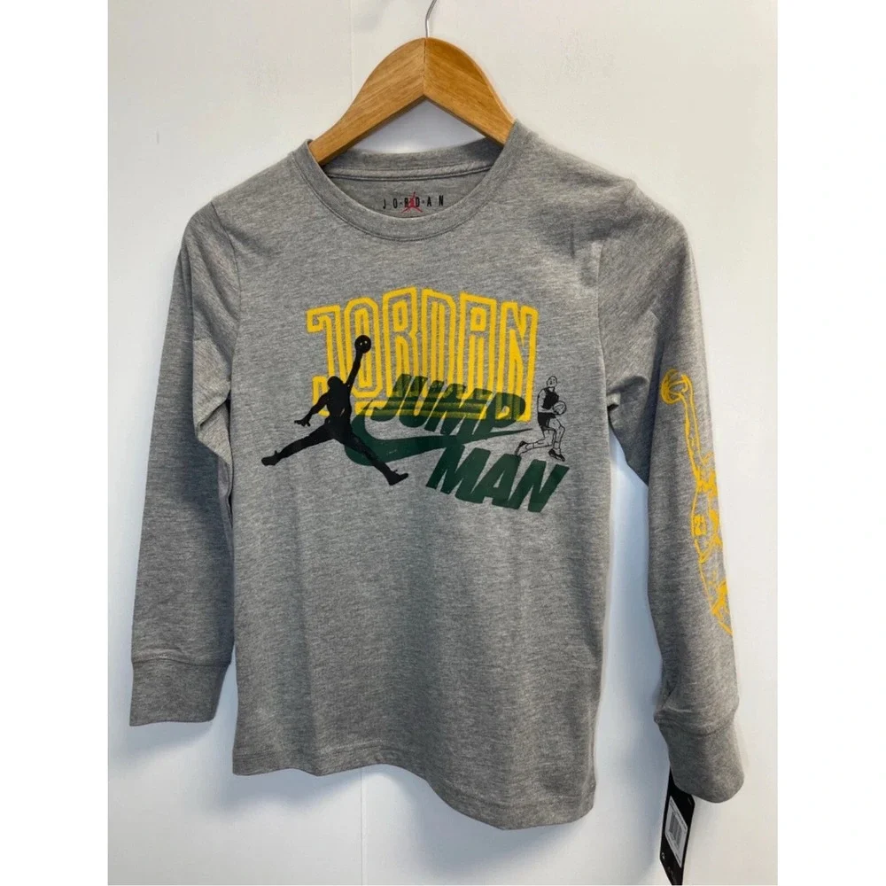 Nike Air Jordan Jumpman Boys Size S Long Sleeve Graphic Tee Crewneck Shirt Grey‎